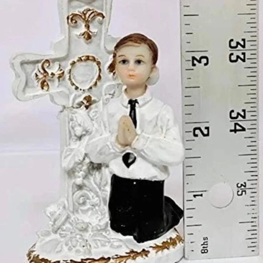 Communion Praying Boy with Cross Keepsake Gift or Cake Topper